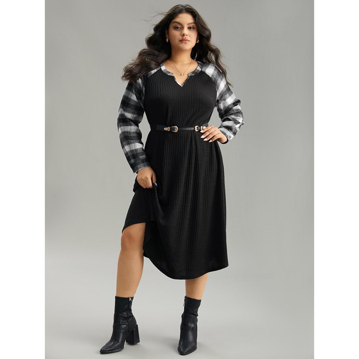 Plus Size Rib Knit Plaid Patchwork Pocket Notched Dress Black Women Casual Patchwork Notched collar Long Sleeve Curvy Midi Dress BloomChic 10/M Product Image