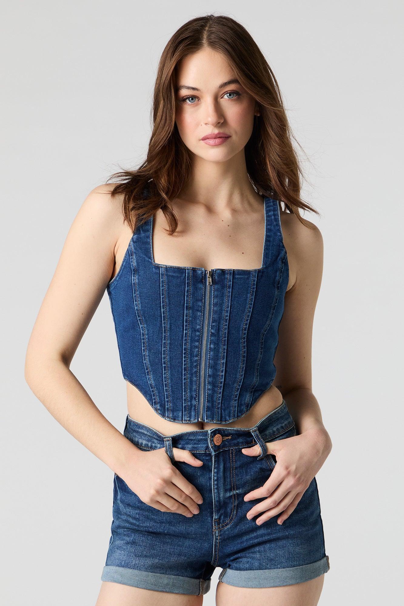 Denim Zip-Up Bustier Top Female Product Image