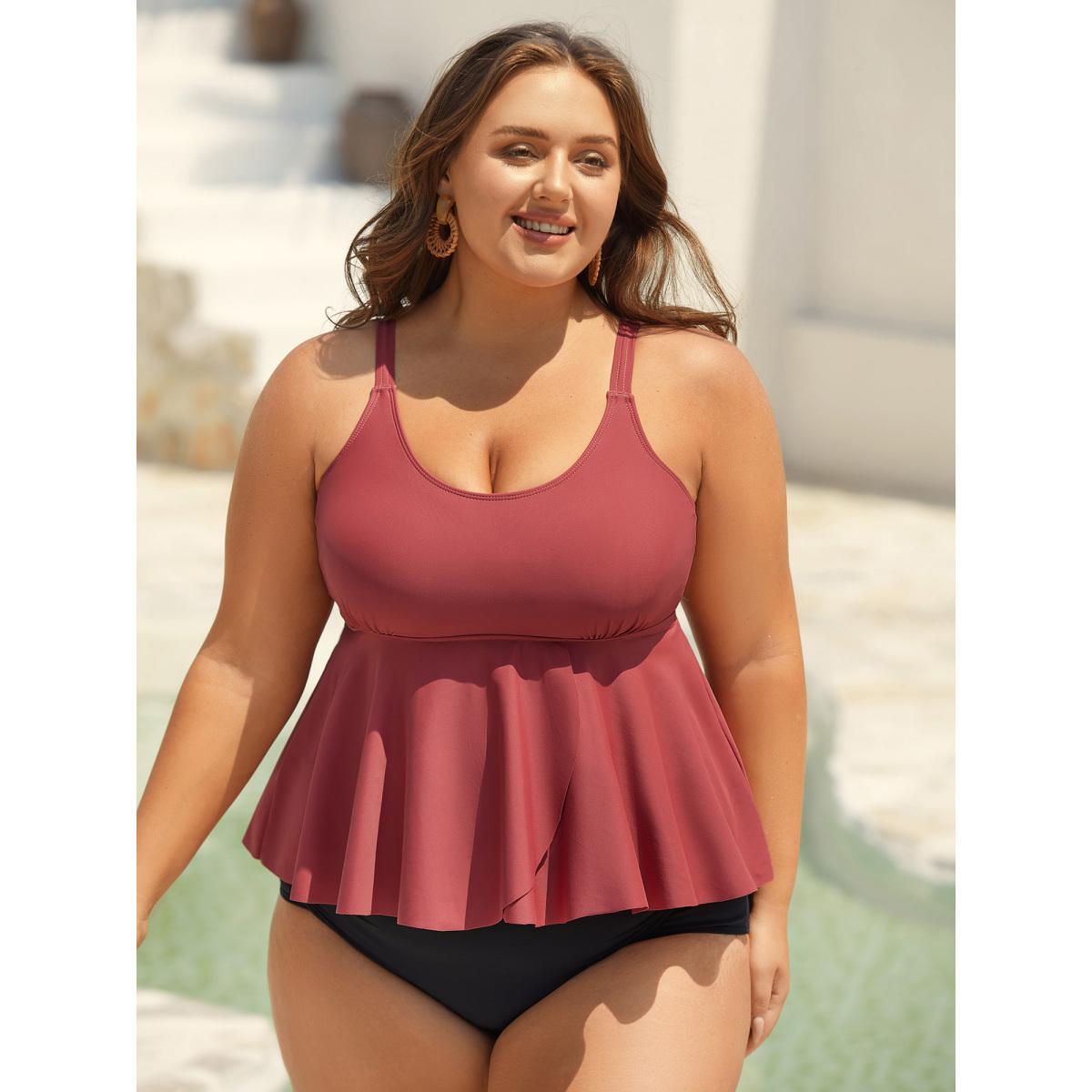 Plus Size Curvy Split Hem Flared Swim Top Women's Swimwear Russet Beach Slit High stretch Bodycon U-neck Curve Swim Tops BloomChic 28/5X Product Image