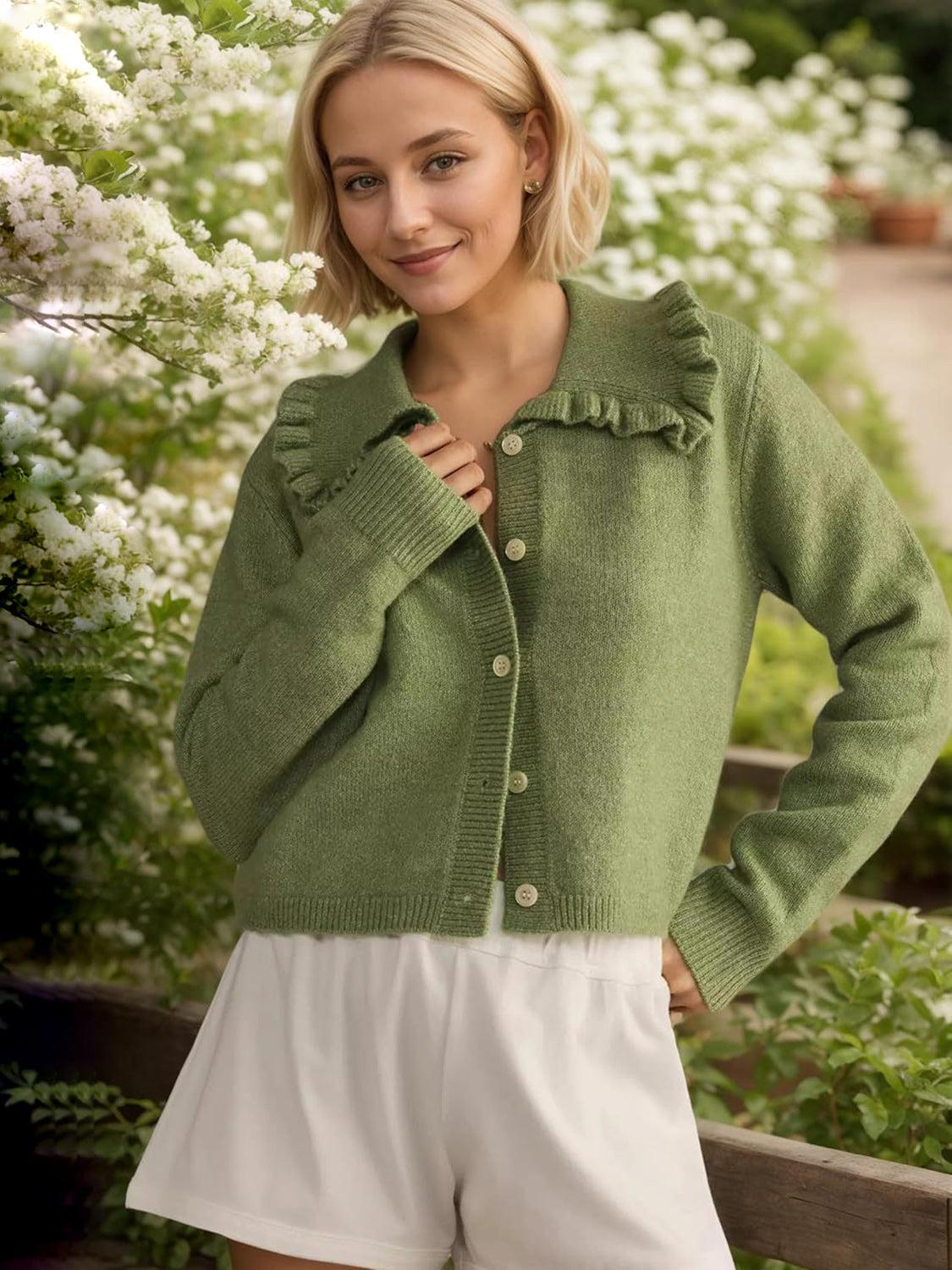 Frill Button Up Collared Neck Long Sleeve Cardigan Product Image
