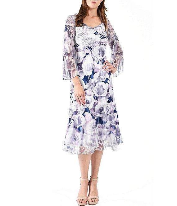 Komarov Pleated Floral V-Neck 3/4 Wide Chiffon Sleeve Layered Hem Dress Product Image