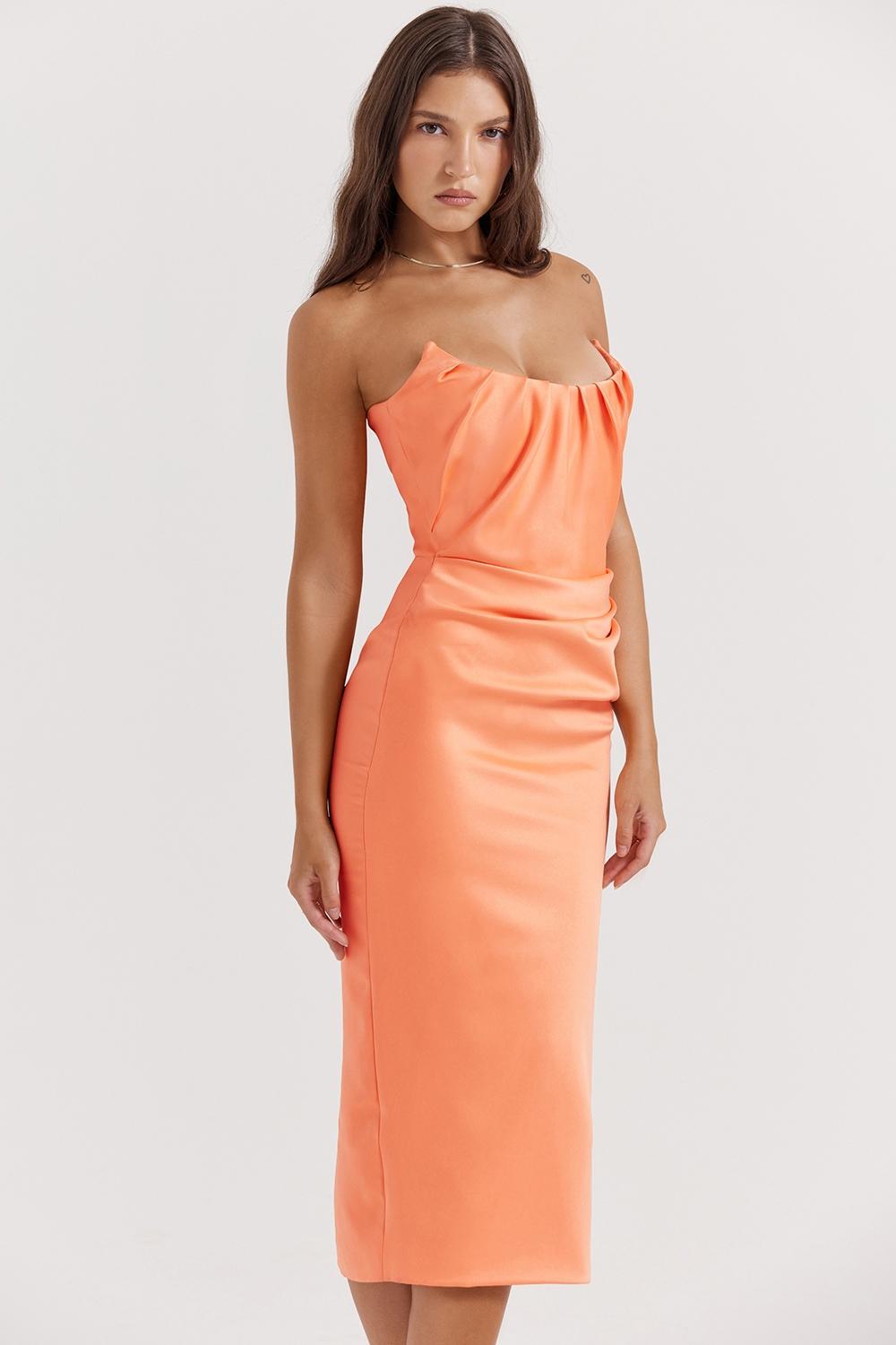 Alora Tangerine Strapless Corset Midi Dress Product Image