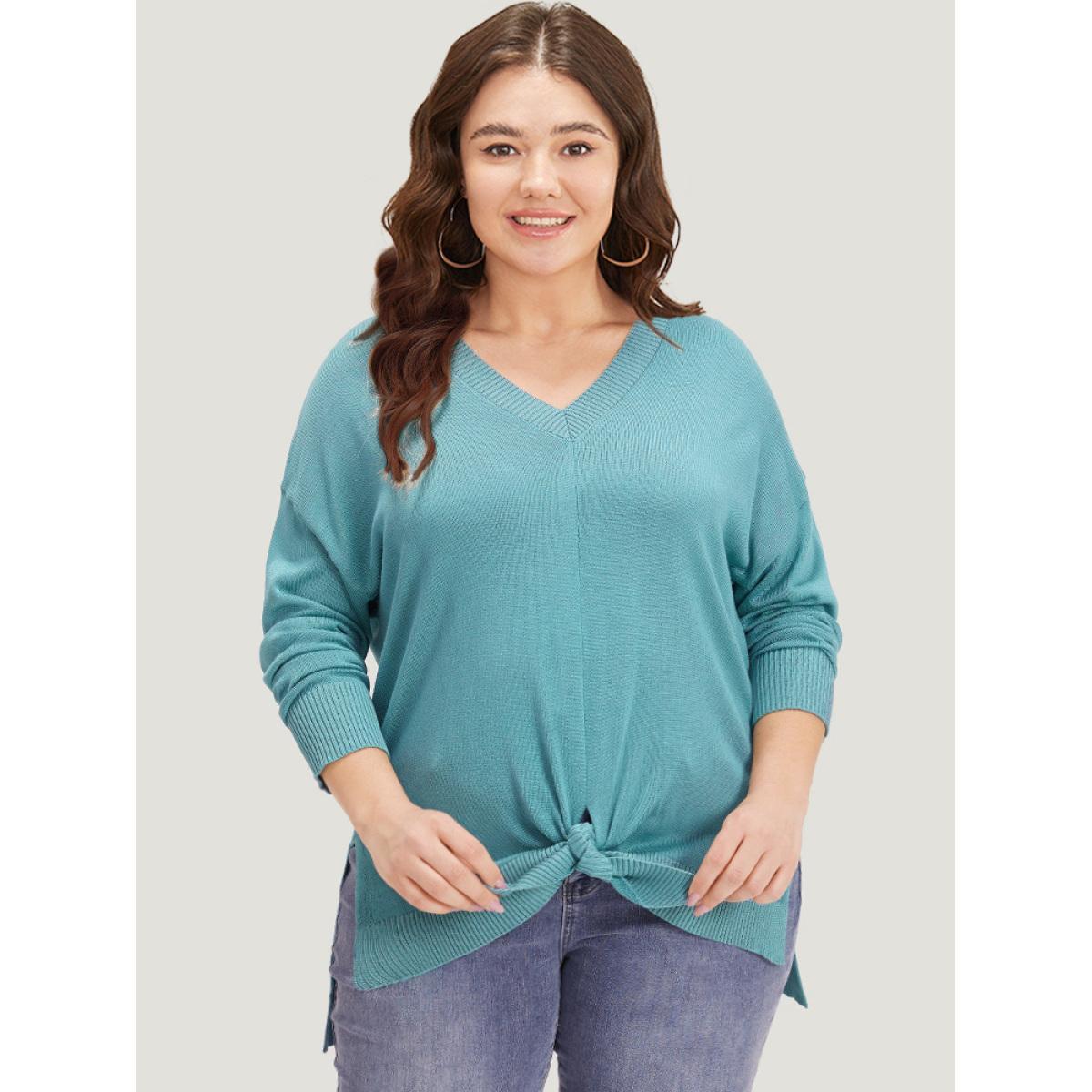 Plus Size Supersoft Essentials Bowknot Front Split Side Pullover Cerulean Women Casual Loose Long Sleeve V-neck Dailywear Pullovers BloomChic 28/5X Product Image