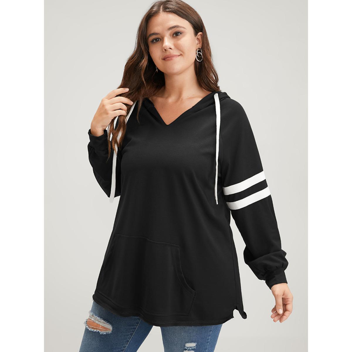 Plus Size Solid Contrast Pocket Drawstring Hooded Sweatshirt Women DarkBlue Casual Contrast Hooded Dailywear Sweatshirts BloomChic 22-24/3X Product Image