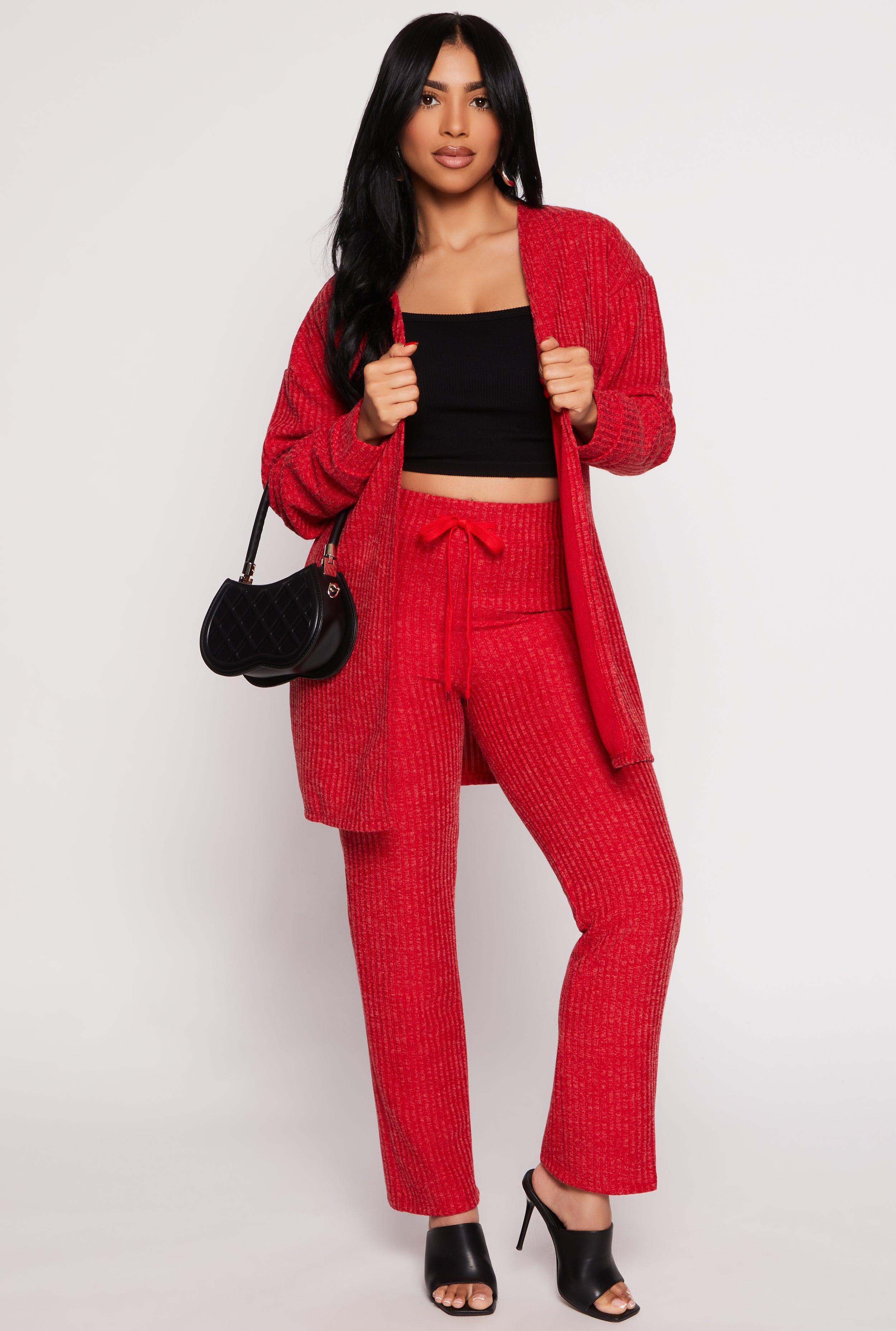 Womens Ribbed Drawstring High Waist Straight Leg Pants Product Image