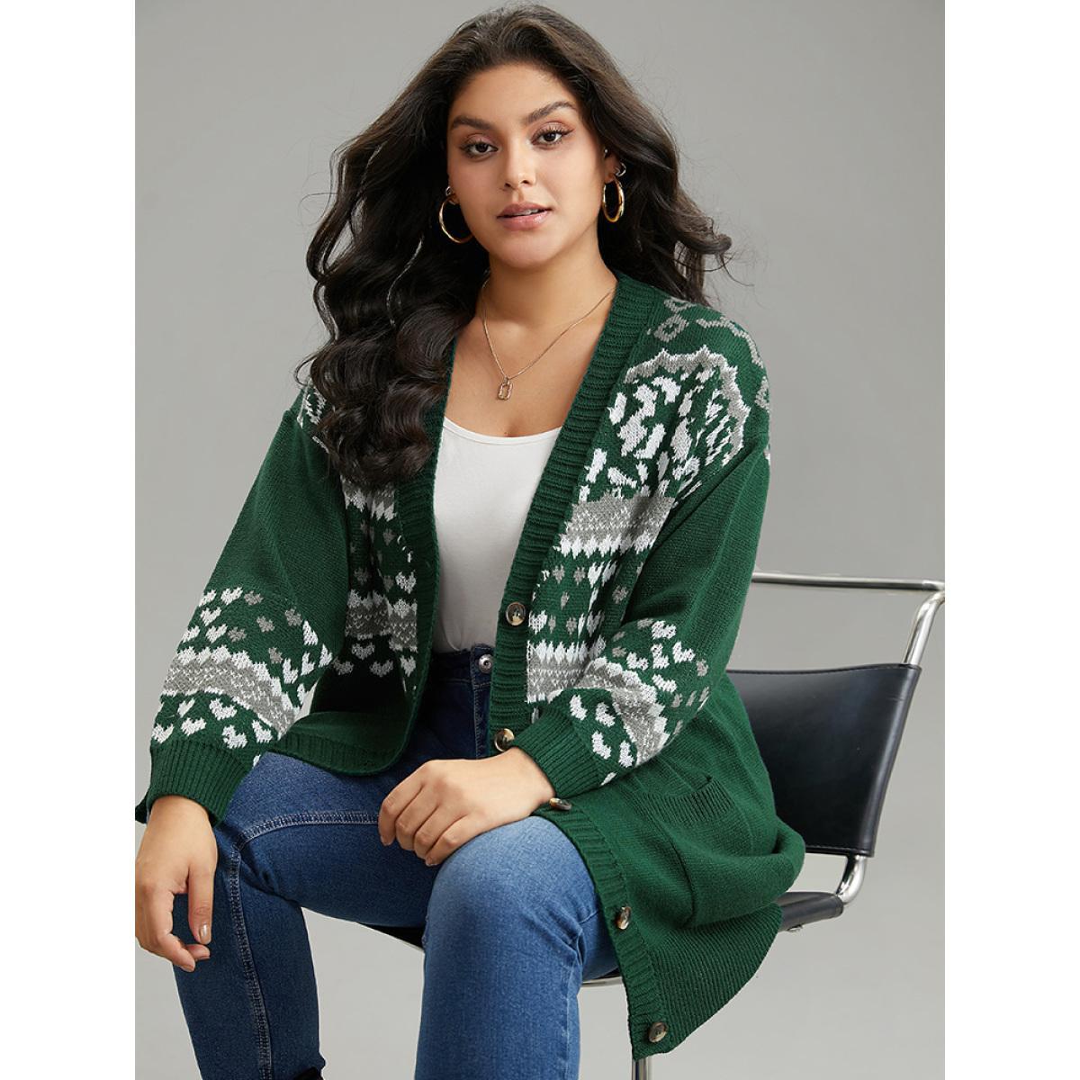 Plus Size Christmas Jacquard Button Up Pocket Cardigan DarkGreen Women Casual Loose Long Sleeve Festival-Christmas Cardigans BloomChic 28/5X Product Image