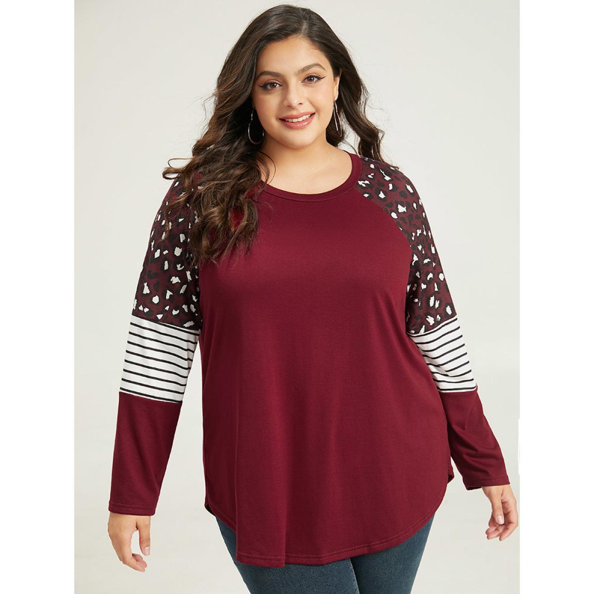 Plus Size Leopard Striped Patchwork Raglan Sleeve T-shirt Burgundy Women Casual Contrast Leopard Round Neck Dailywear T-shirts BloomChic 10/M Product Image