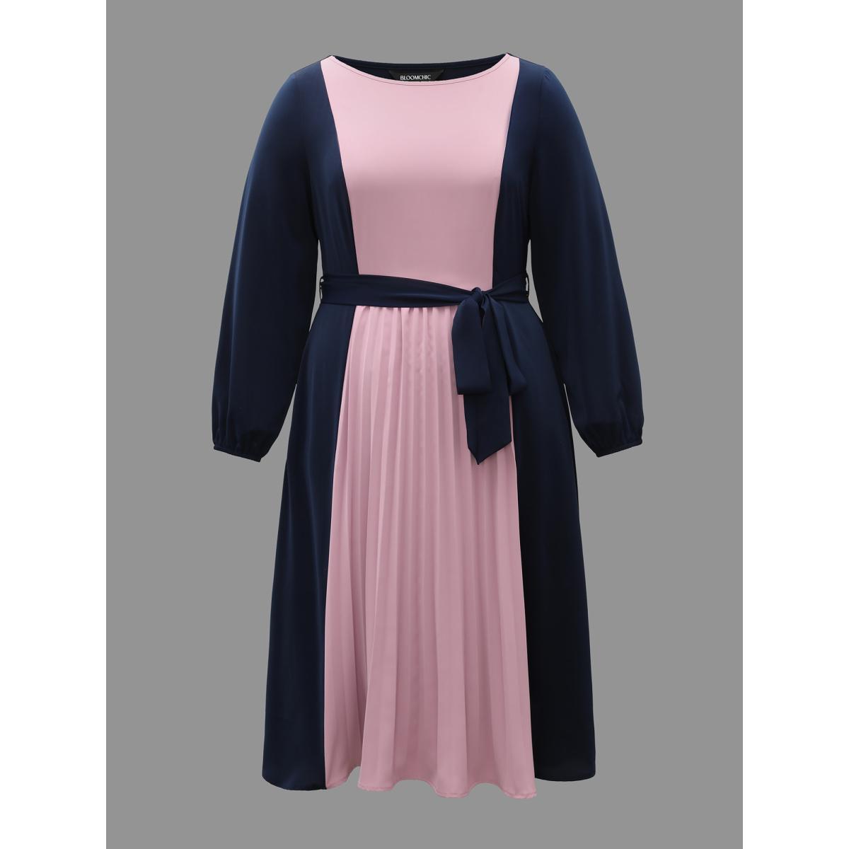 Plus Size Color-Block Stretchy Waist-Cinched Pockets Dress Indigo Women At the Office Belted Boat Neck Long Sleeve Curvy BloomChic 14-16/1X Product Image