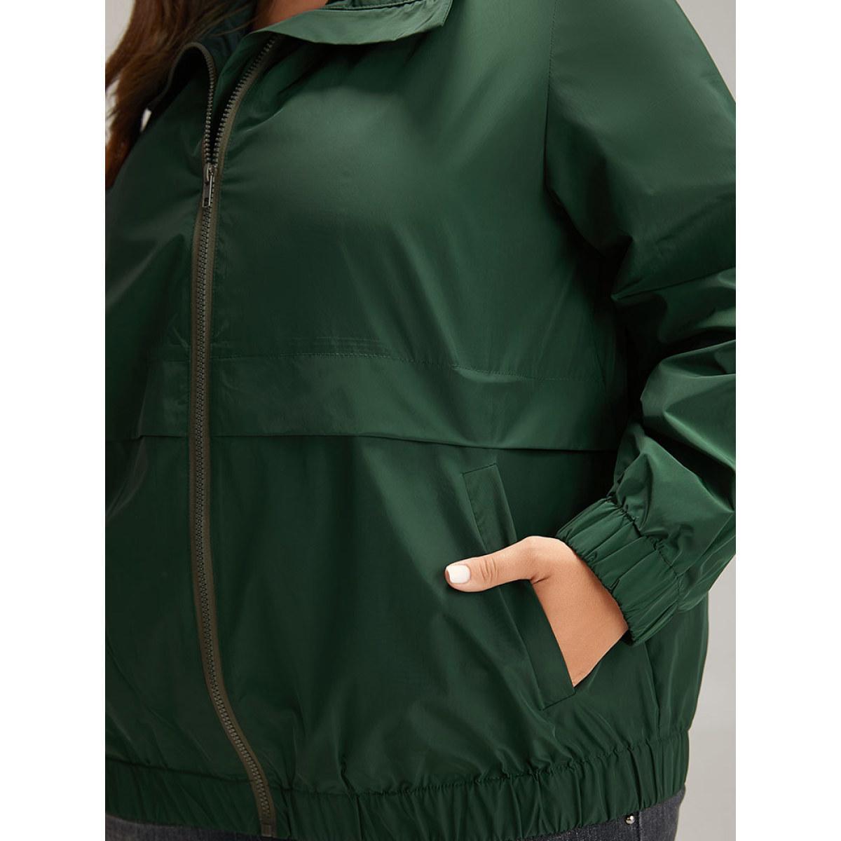 Plus Size Wind-Resistant Plain Zipper Fly Pocket Jacket Women DarkGreen Elastic cuffs Pocket Dailywear Jackets BloomChic 26/4X Product Image