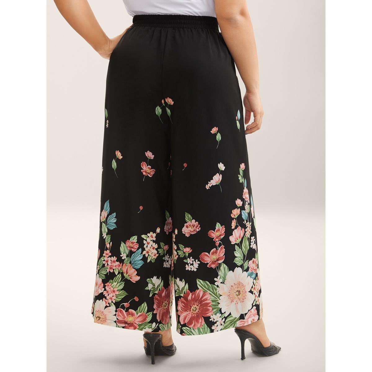 Plus Size Floral Print Belted Wide-Leg Pants Women BlackFlower Resort Wide Leg Mid Rise Vacation Pants BloomChic 30/6X Product Image