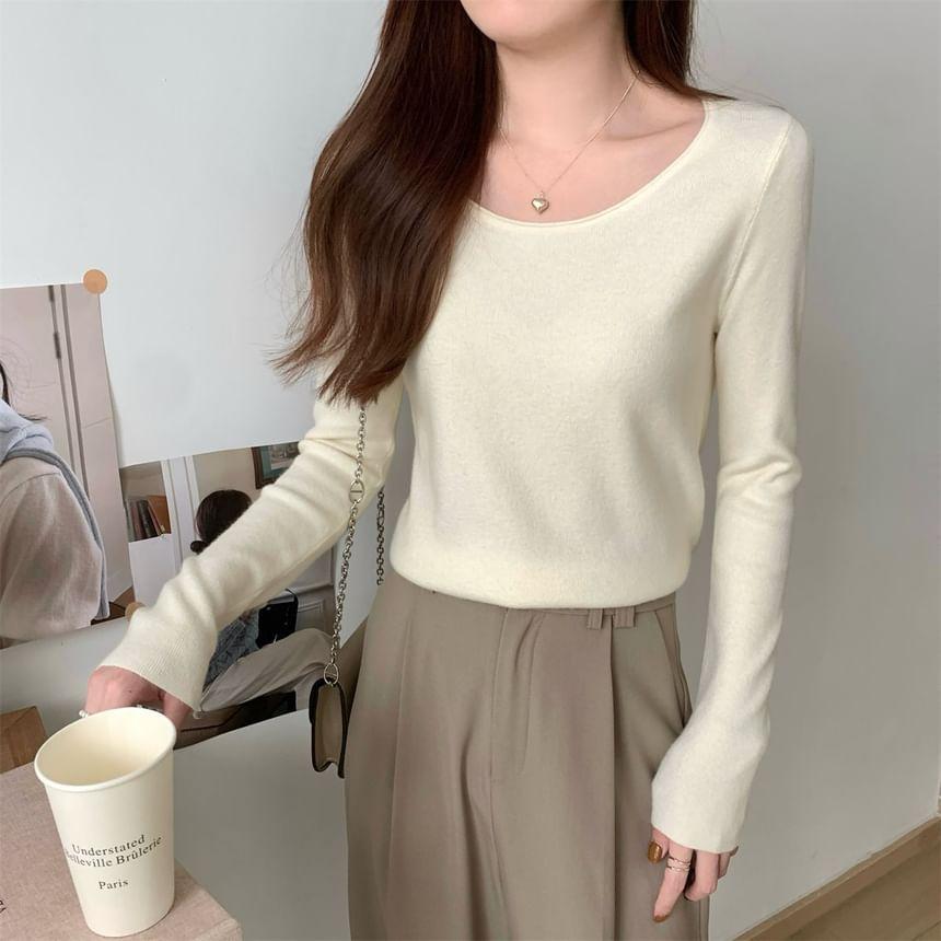 Long Sleeve Crew Neck Plain Knit Top Product Image