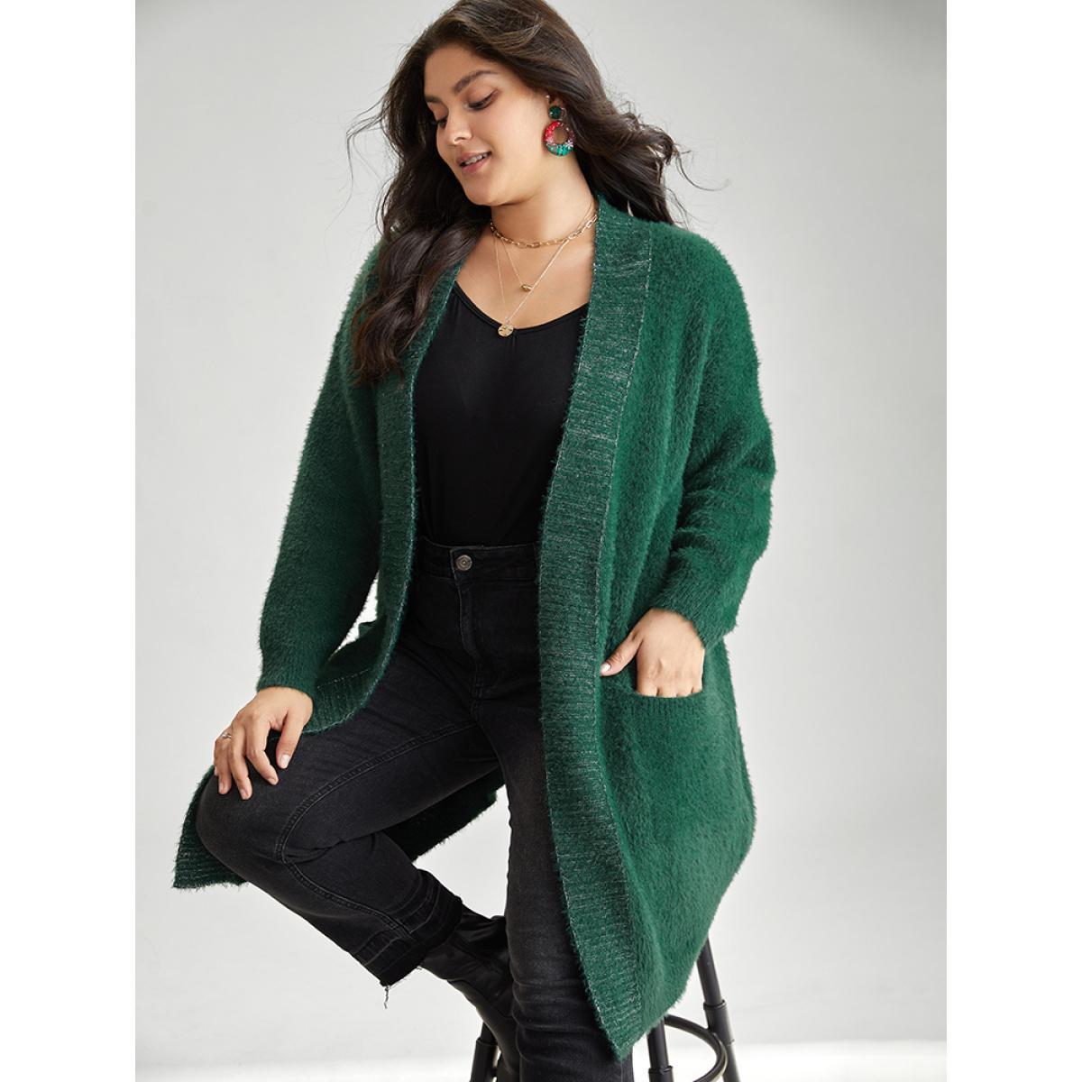 Plus Size Lurex Fuzzy Patched Pocket Tunic Cardigan DarkGreen Women Casual Loose Long Sleeve Dailywear Cardigans BloomChic 26/4X Product Image