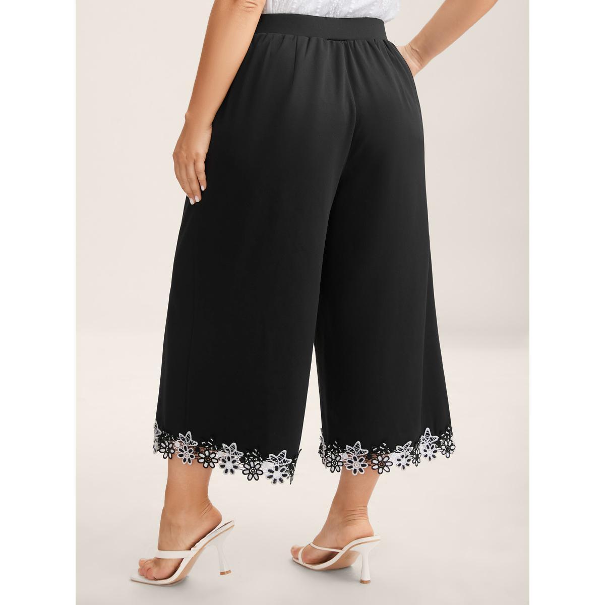 Plus Size Floral Lace Hem Wide-Leg Pants Women Black Elegant Wide Leg Mid Rise Everyday-Elegant Pants BloomChic 14-16/1X Product Image
