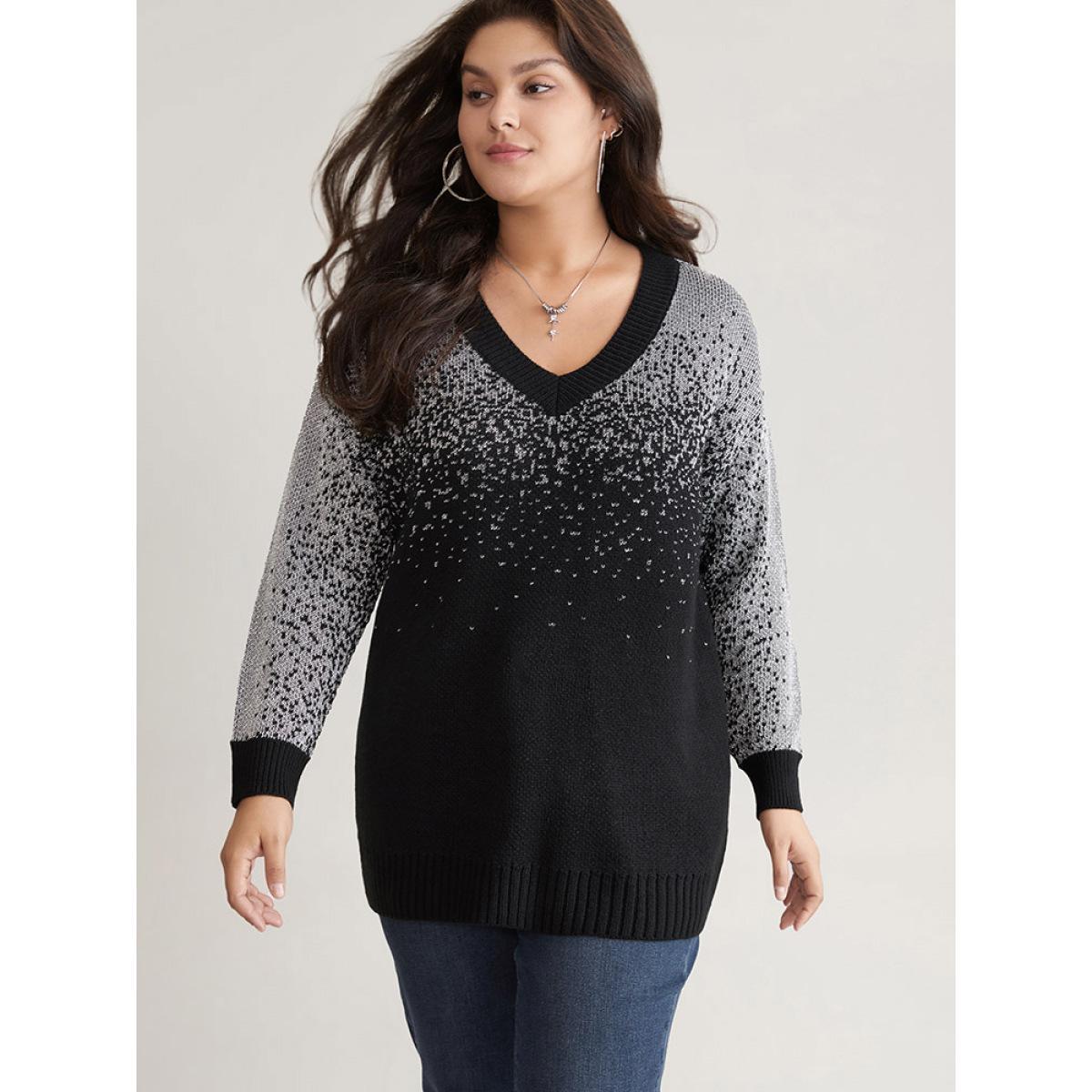 Plus Size Ombre Contrast Luxe V Neck Knit Pullover Black Women Casual Loose Long Sleeve V-neck Dailywear Pullovers BloomChic 30/6X Product Image