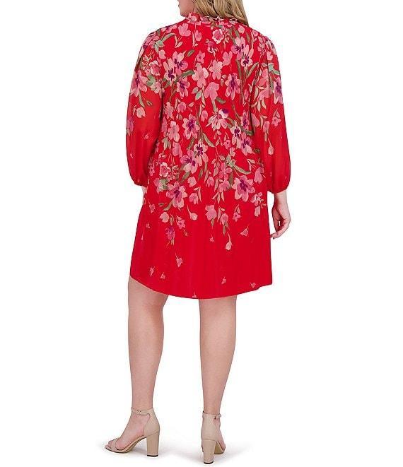 Jessica Howard Plus Size Tie Split Neck Long Balloon Sleeve Pleated Bodice Chiffon Shift Dress Product Image