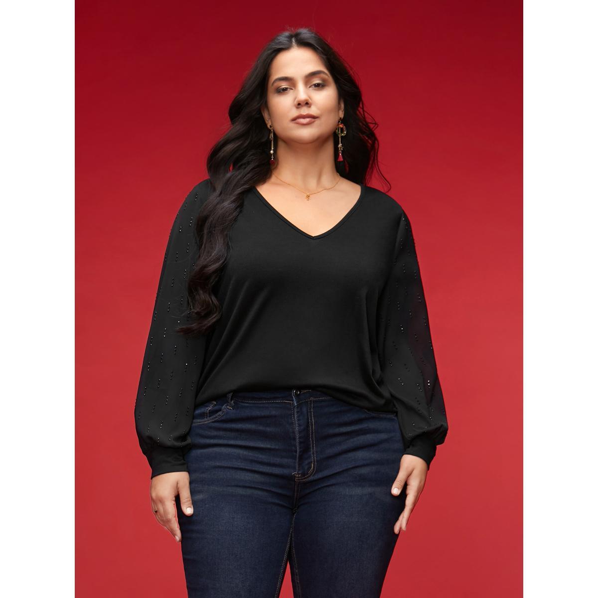 Plus Size Rhinestone Embellished Lantern Sleeves Tee Black Women Casual Non V-neck Everyday T-shirts BloomChic 18-20/2X Product Image