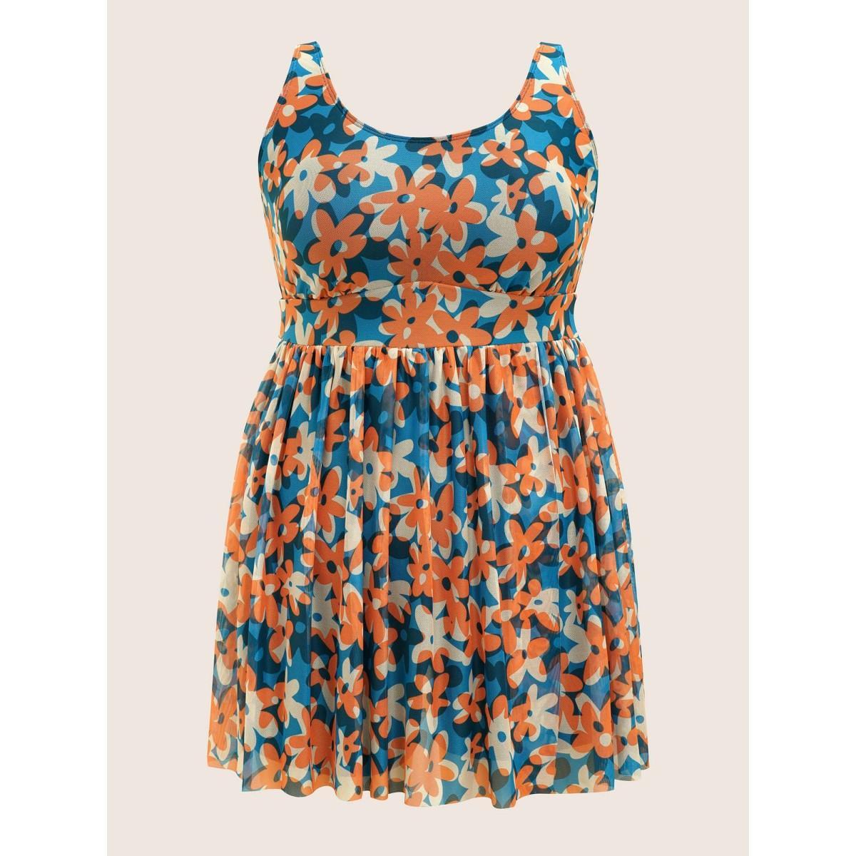 Plus Size Ditsy Floral Slit Hem See Through Swim Dress Women's Swimwear Multicolor Beach Bodycon U-neck High stretch Curve Swim Dresses BloomChic 12/L Product Image