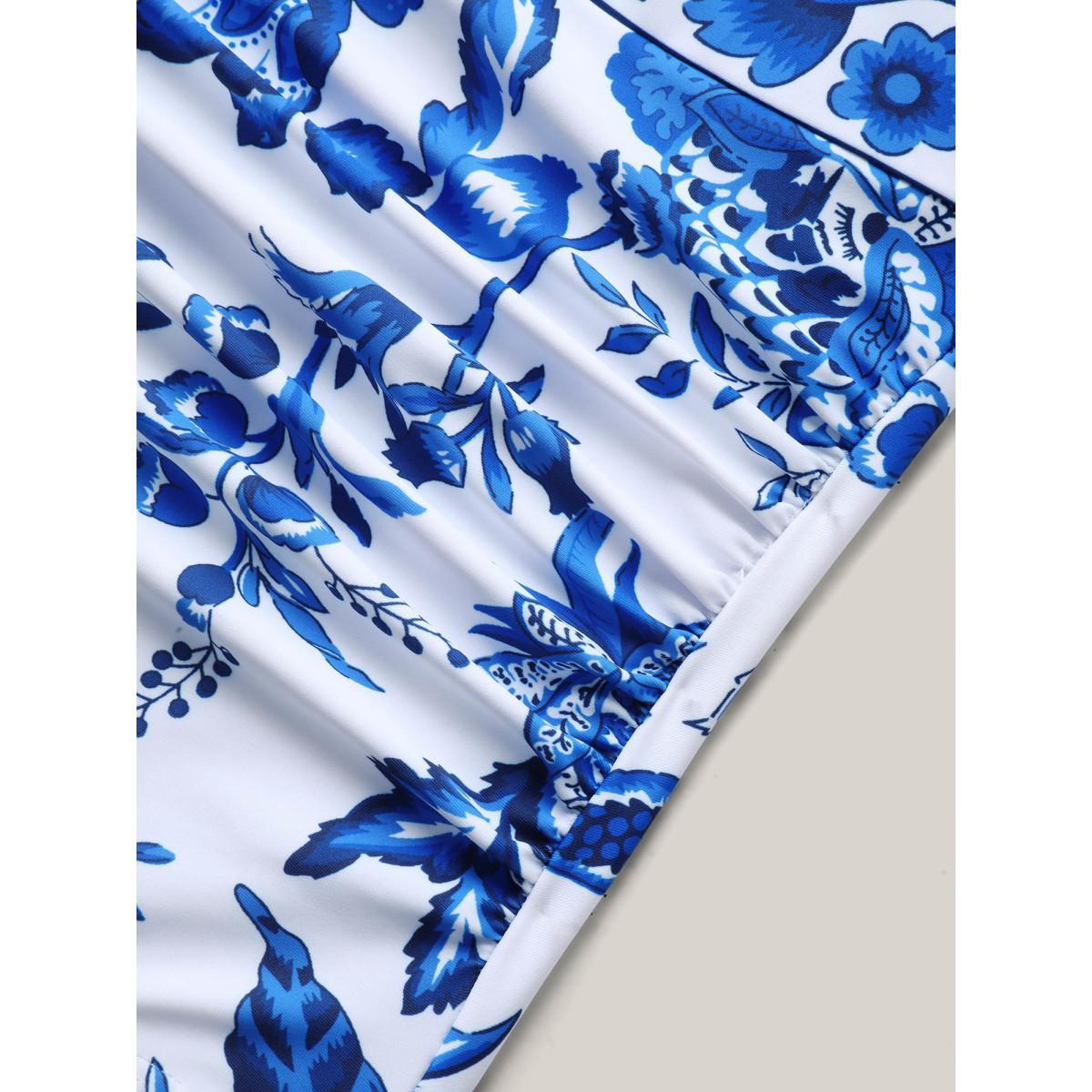 Plus Size Ruched Sheer Floral One-Piece Swimsuit Women's Swimwear Indigo Beach Gathered Curve Bathing Suits High stretch One Pieces BloomChic 14-16/1X Product Image