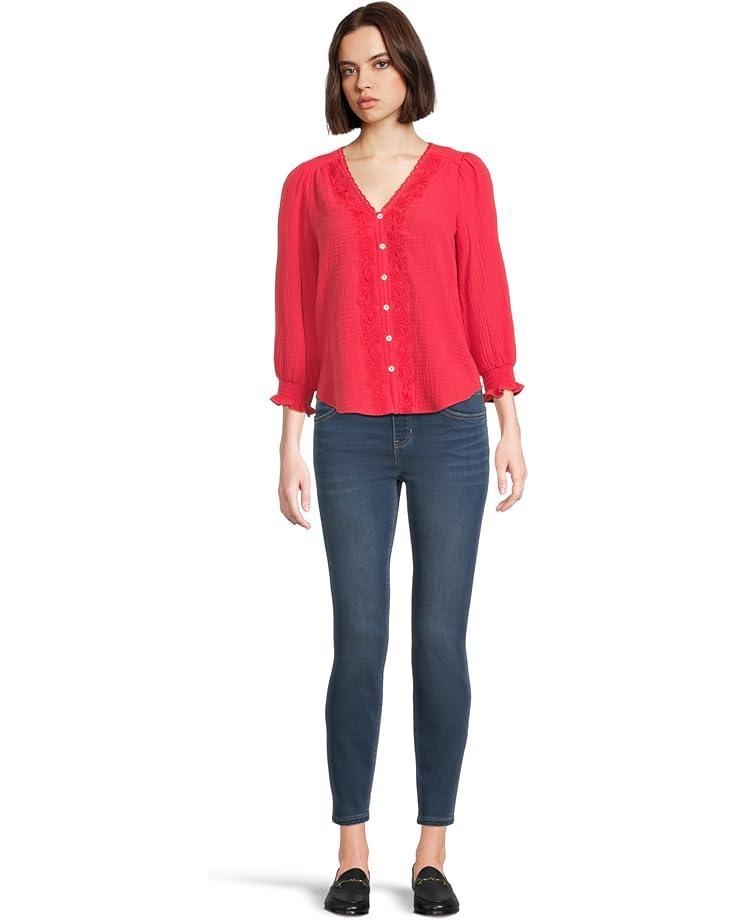 Long Sleeve Button Front Shirred Woven Blouse Product Image