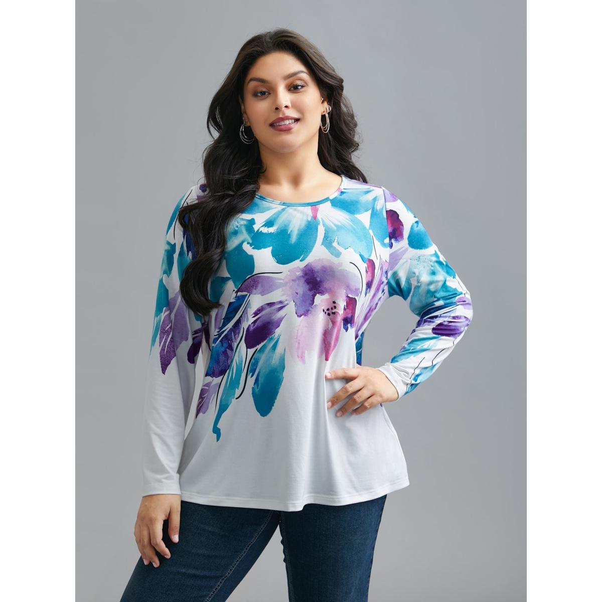 Plus Size Floral Boho Print Stretchy T-Shirt WhiteSmoke Women Casual Non Art&design Round Neck Everyday T-shirts BloomChic 18-20/2X Product Image