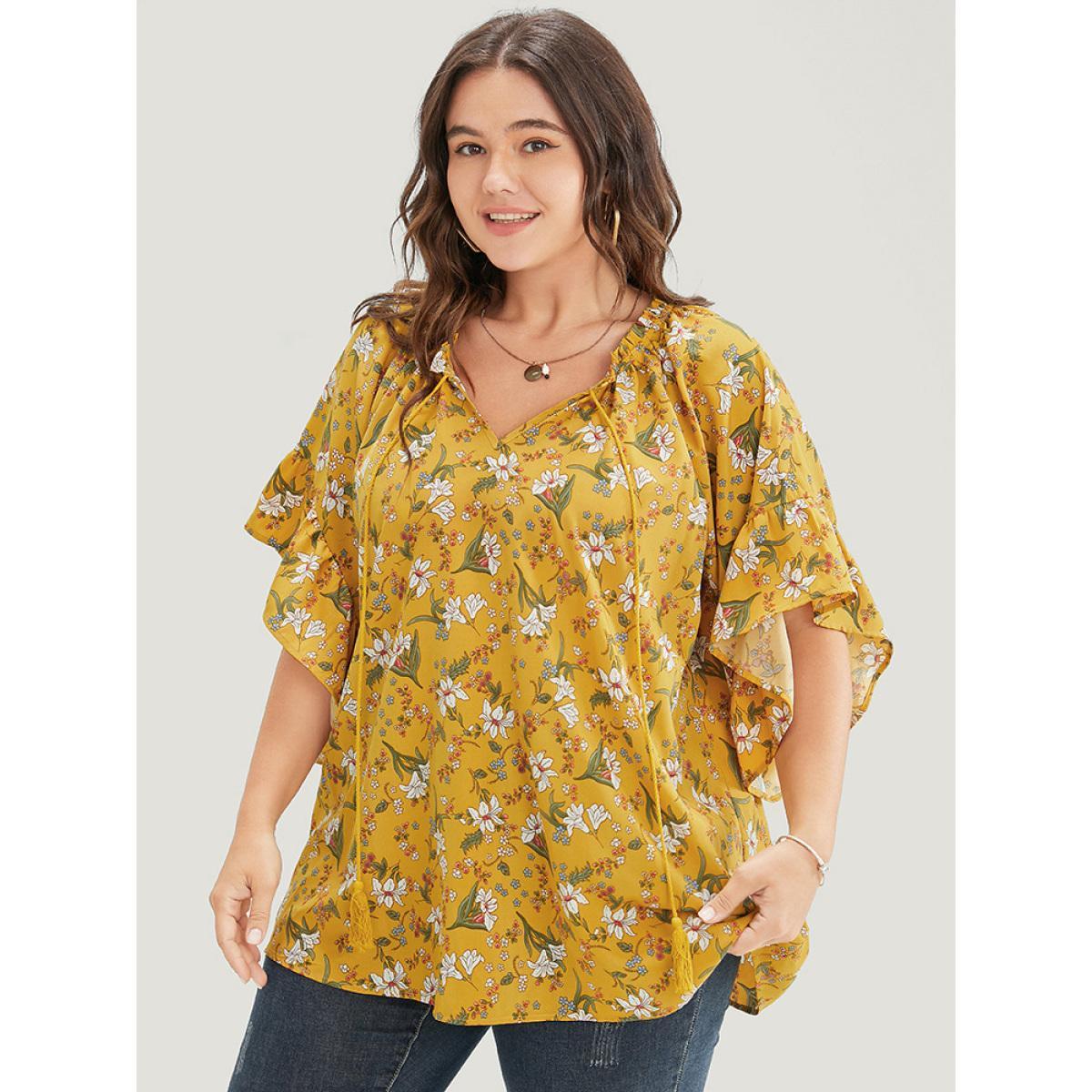 Plus Size Yellow Floral Tie Neck Tassels Frill Trim Ruffle Sleeve Blouse Women Elegant Short sleeve V-neck Dailywear Blouses BloomChic 28/5X Product Image