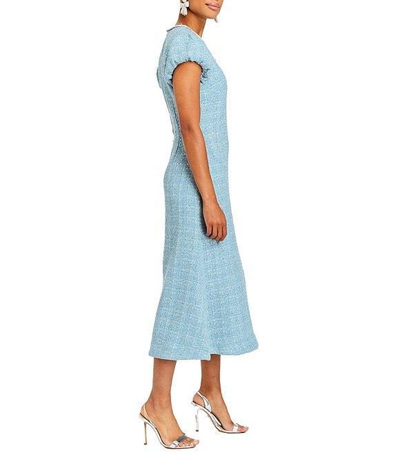 Mestiza New York Perla Tweed Crew Neck Corded Rhinestone Bow Cap Puff Sleeve Midi Dress Product Image