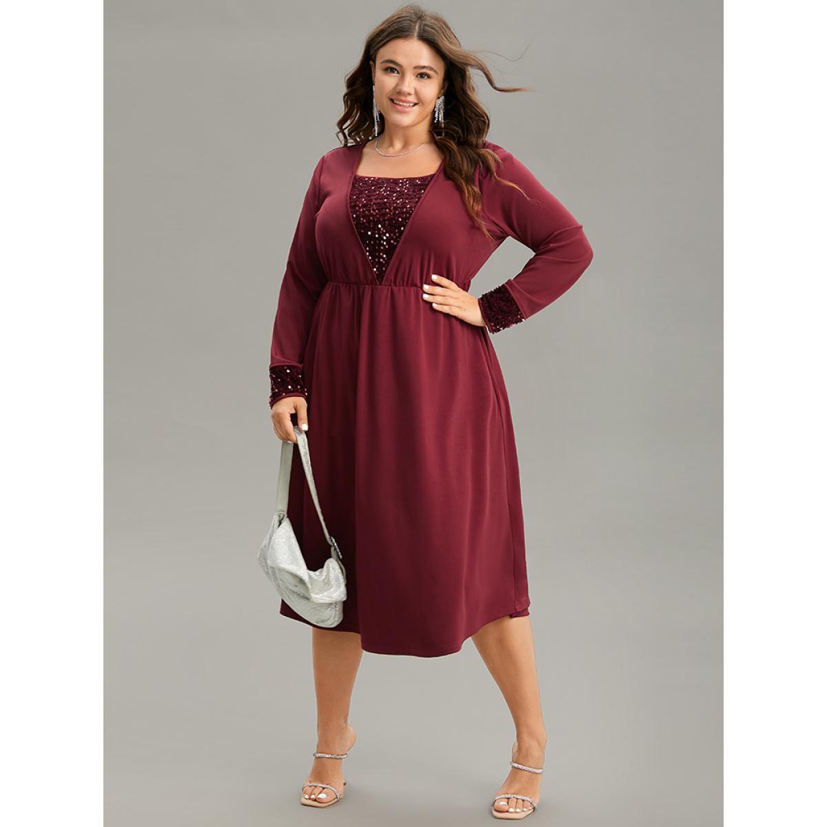 Plus Size Plain Sequin Patchwork Elastic Waist Dress Scarlet Women Glamour Sequin Square Neck Long Sleeve Curvy Midi Dress BloomChic 14-16/1X Product Image