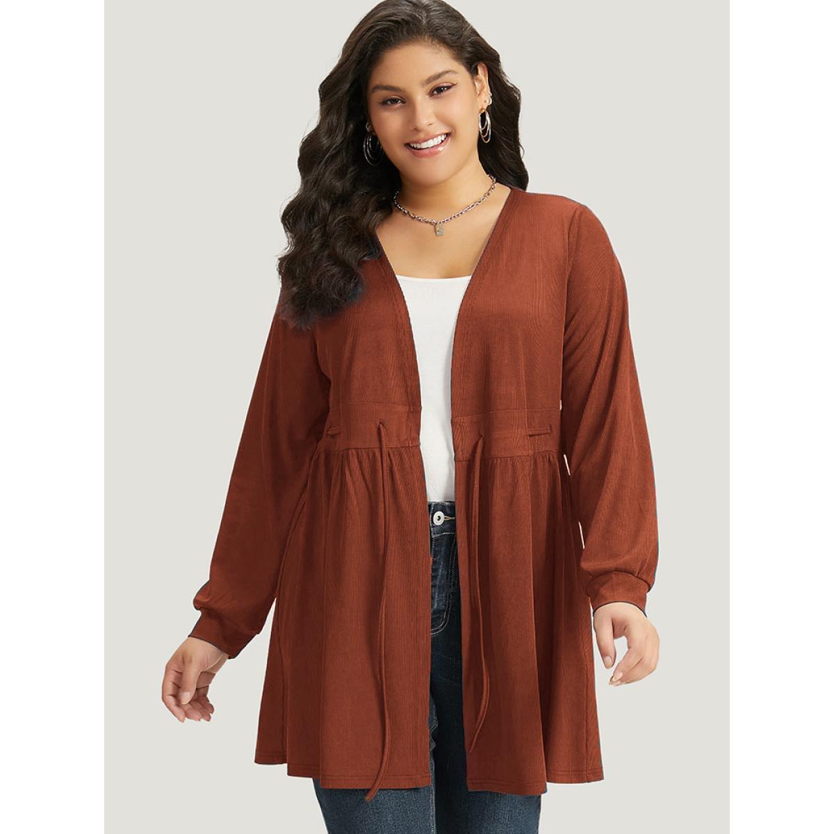 Plus Size Plain Drawstring Knot Gathered Open Front Coat Women Cyan Casual Plain Dailywear Kimonos BloomChic 10/M Product Image