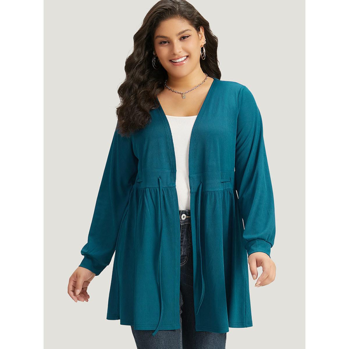 Plus Size Plain Drawstring Knot Gathered Open Front Coat Women Cyan Casual Plain Dailywear Kimonos BloomChic 10/M Product Image