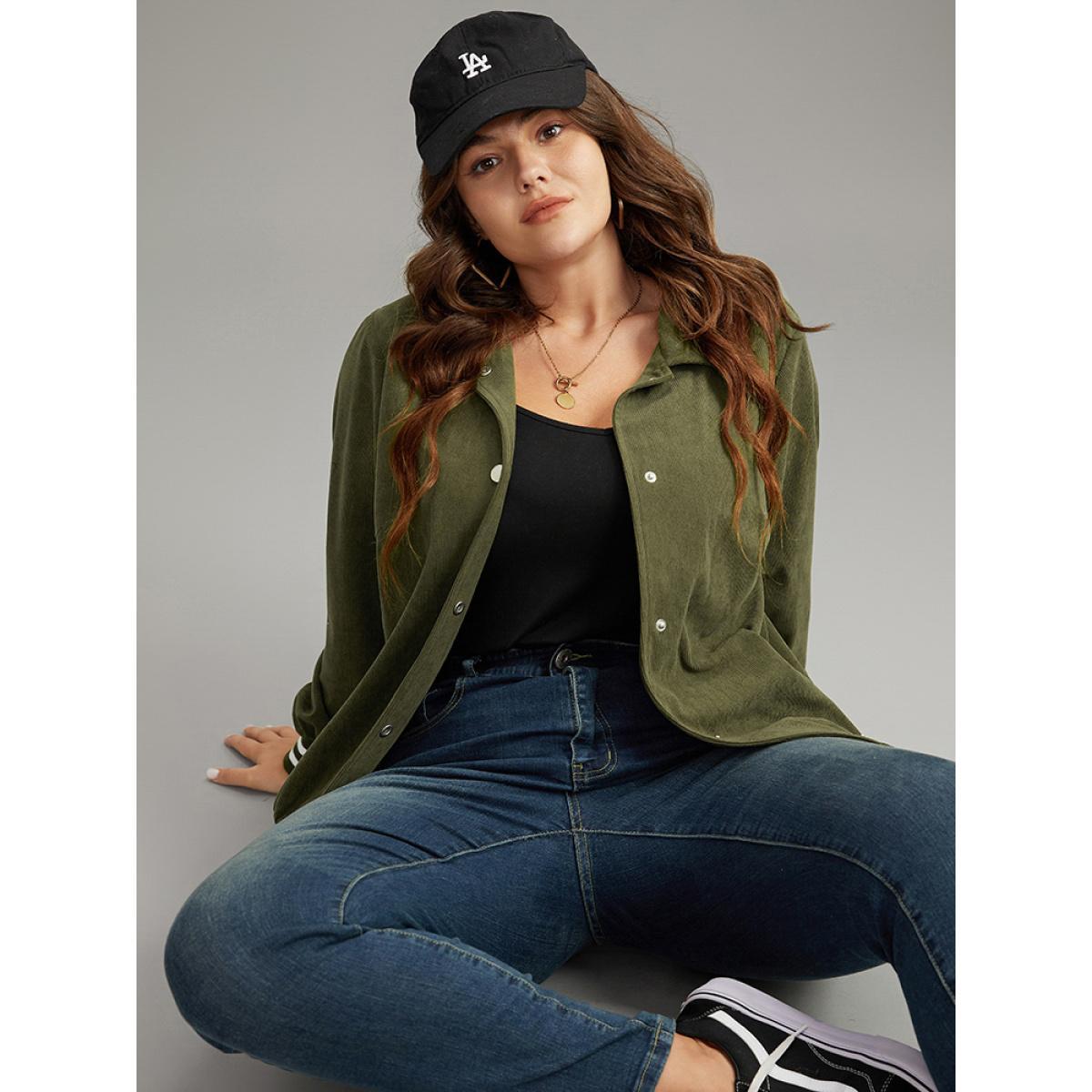 Plus Size Corduroy Striped Trim Button Up Jacket Women ArmyGreen Elastic cuffs Pocket Dailywear Jackets BloomChic 28/5X Product Image