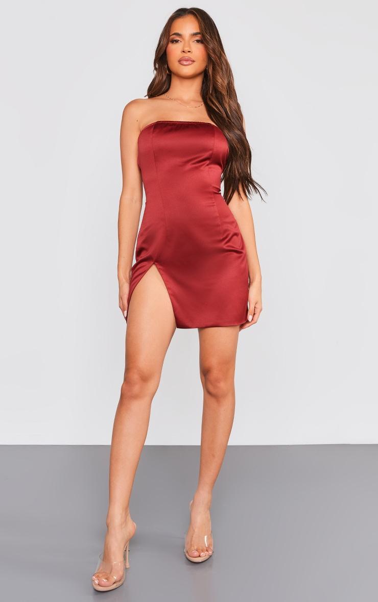 Cherry Red Satin Bandeau Split Hem Bodycon Dress Product Image