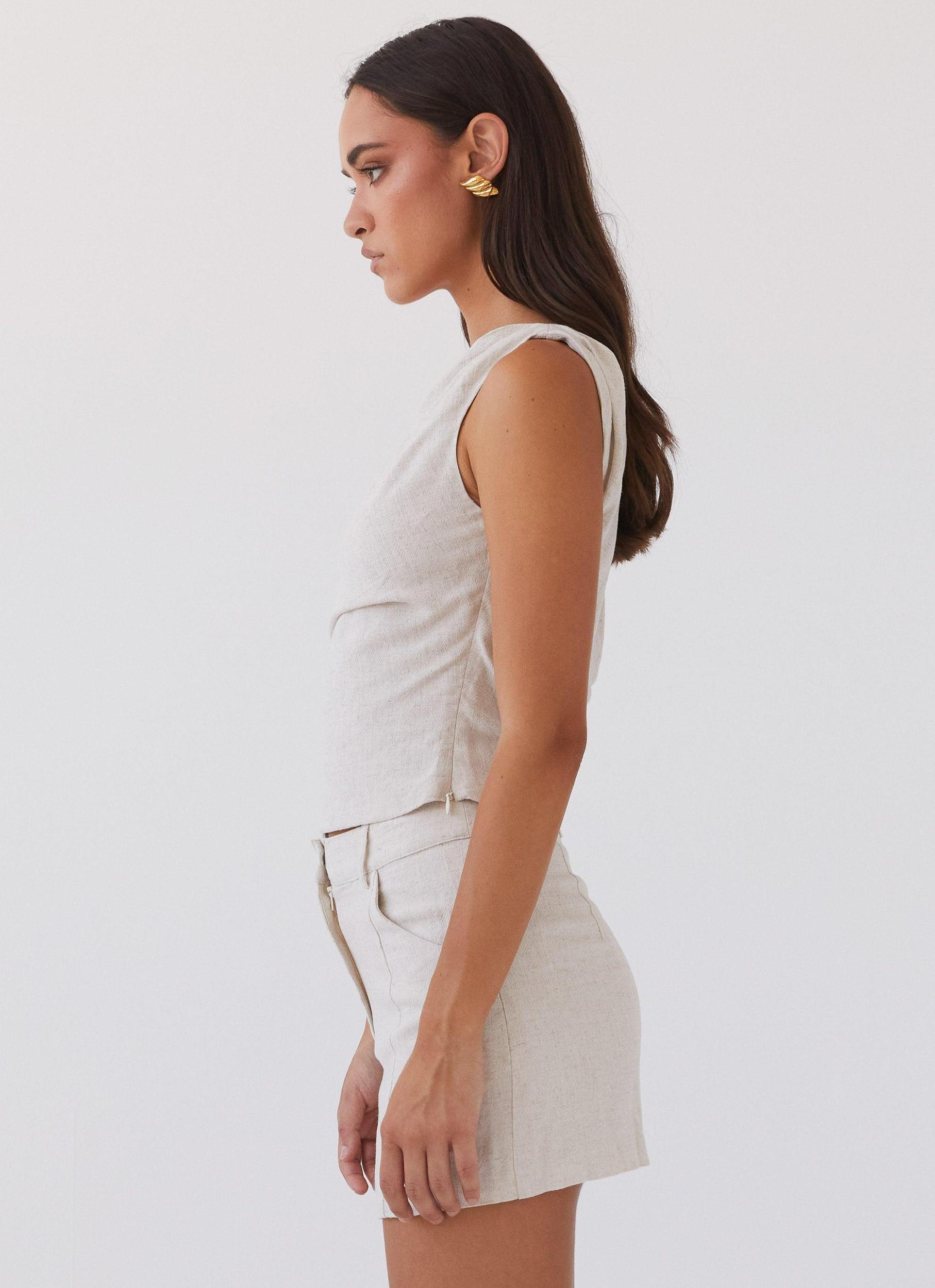 Marissa Linen One Shoulder Top - Oatmeal Product Image