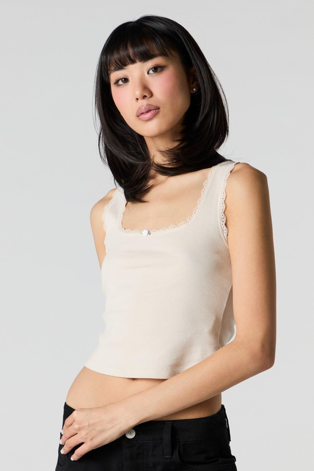 Square Neck Lace Trim Rosette Tank Female Product Image