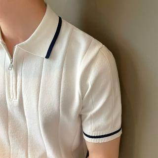 Short-Sleeve Collared Contrast Trim Half-Zip Knit Top Product Image