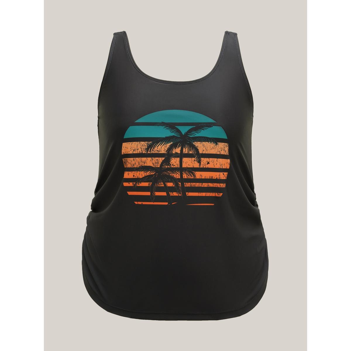 Plus Size Island Print Ruched Swim Top Women's Swimwear Black Beach Gathered High stretch Bodycon U-neck Curve Swim Tops BloomChic 26/4X Product Image