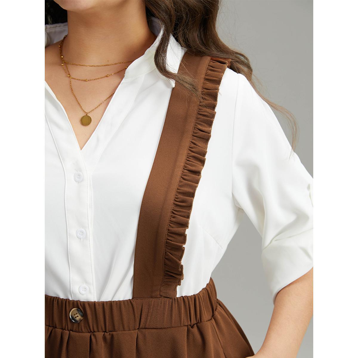 Plus Size Elastic Waist Button Detail Frill Trim Overall Skirt Women Rust At the Office Plain No stretch Pocket Work Skirts BloomChic 12/L Product Image