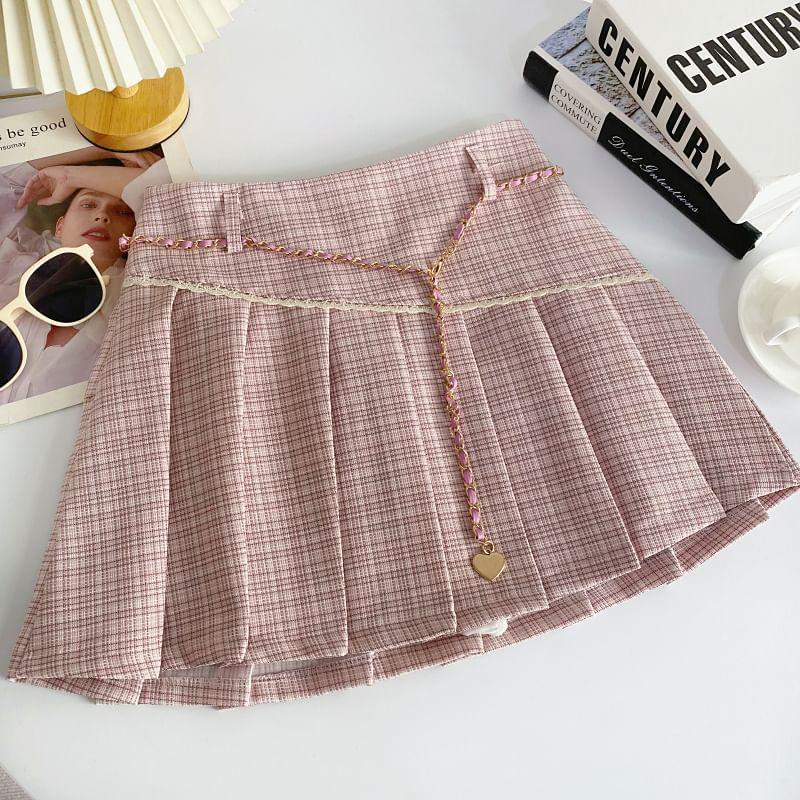 High Rise Plaid Lace Trim Pleated Mini A-Line Skirt Product Image