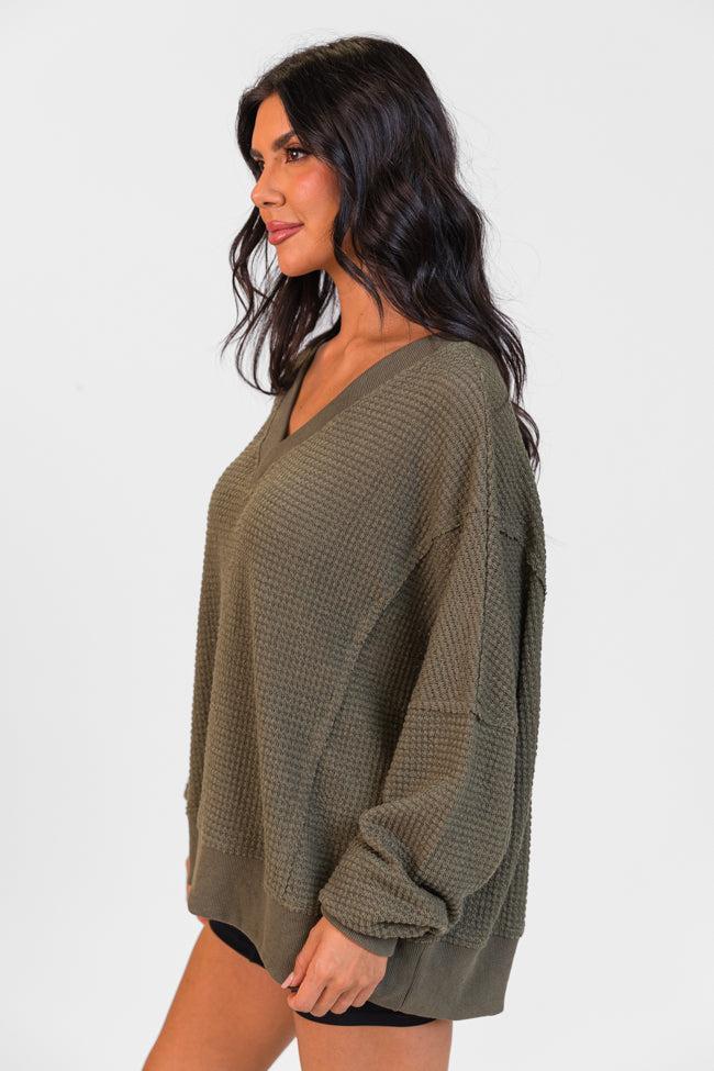 Perfect Score Olive Oversized Waffle V-Neck Top Product Image