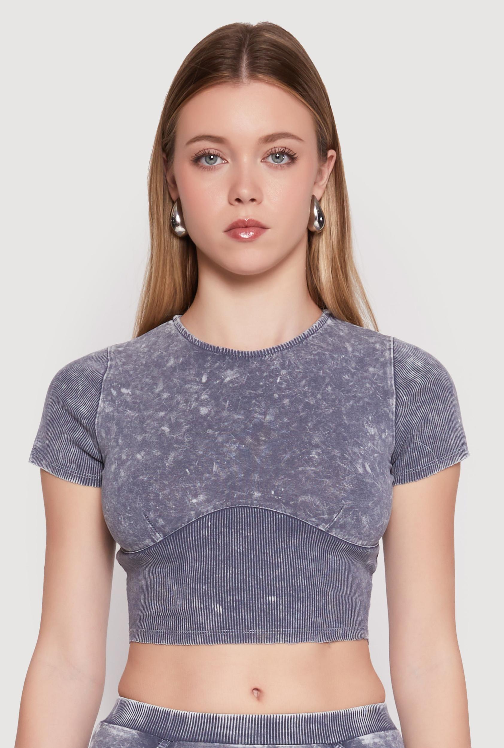 Womens Acid Wash Corset Detail Crop Top Product Image