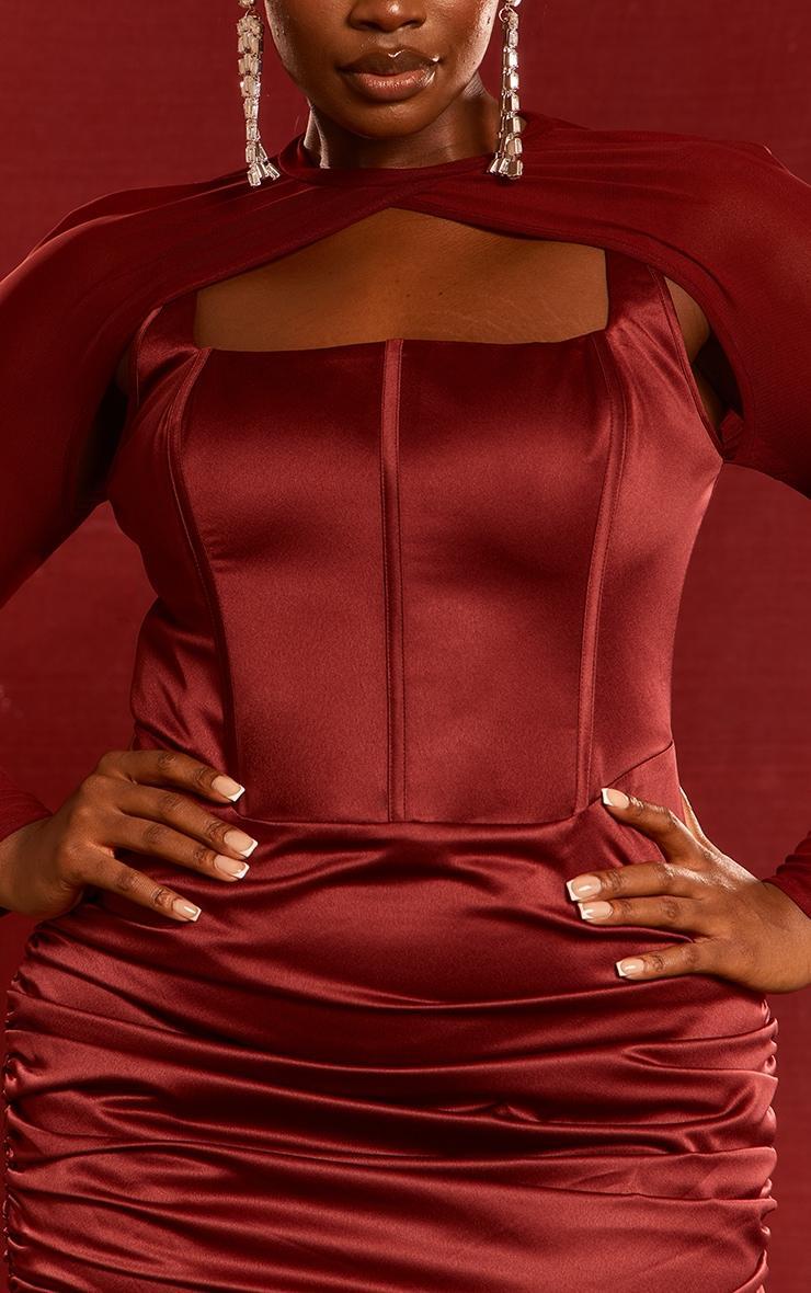  Plus Cherry Red Constructed Satin Mesh Sleeve Ruched Midi Dress Product Image