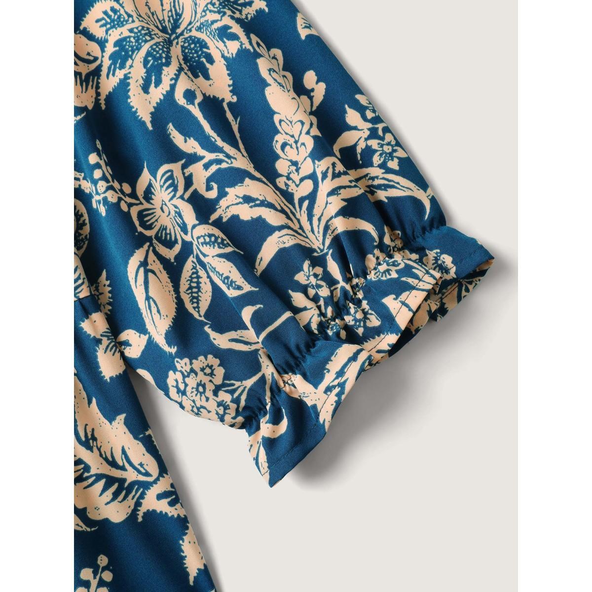Plus Size Boho Floral Drawstring Pockets Midi Dress Mediumblue Women V-neck Elbow-length sleeve Curvy BloomChic 12/L Product Image