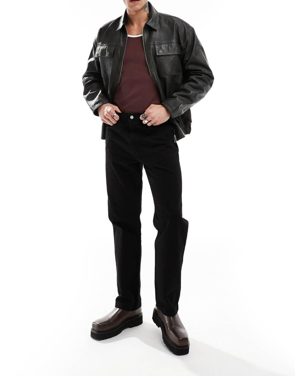 ASOS DESIGN premium real leather oversized distressed harrington jacket in black Product Image