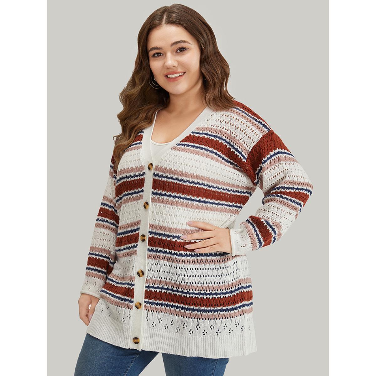 Plus Size Striped Contrast Pointelle Knit Button Through Cardigan Multicolor Women Casual Loose Long Sleeve Dailywear Cardigans BloomChic 10/M Product Image