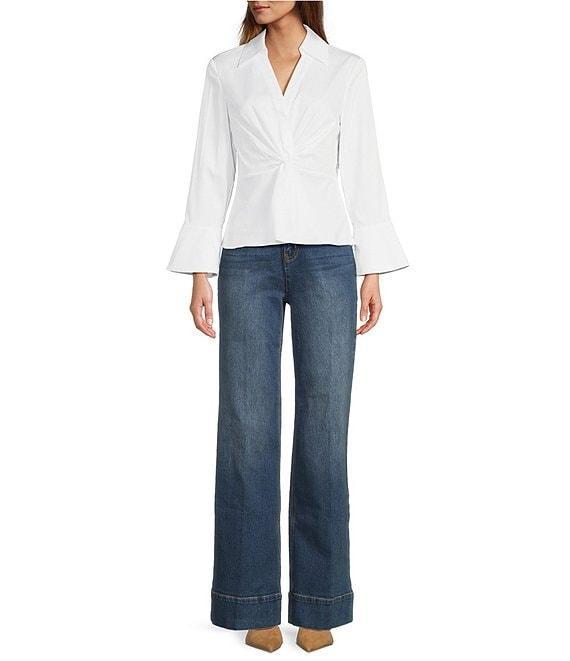 tyler boe Paige Woven Point Collar V-Neck Long Bell Sleeve Twist Front Shirt Product Image