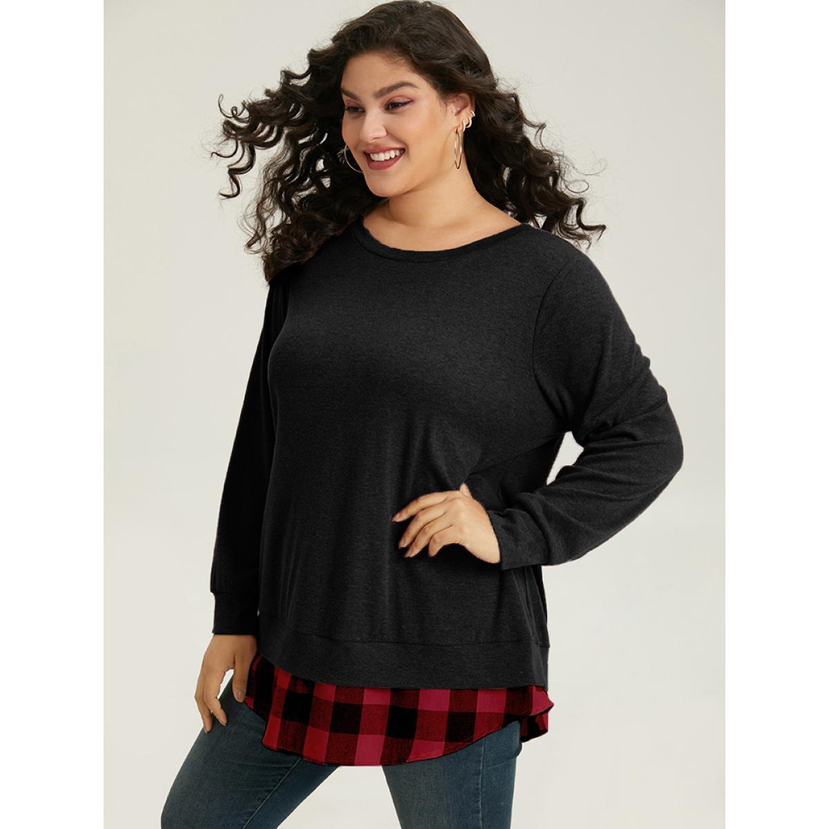 Plus Size Heather Plaid Patchwork Crew Neck T-shirt Black Women Casual Heather Plaid Round Neck Everyday T-shirts BloomChic 10/M Product Image