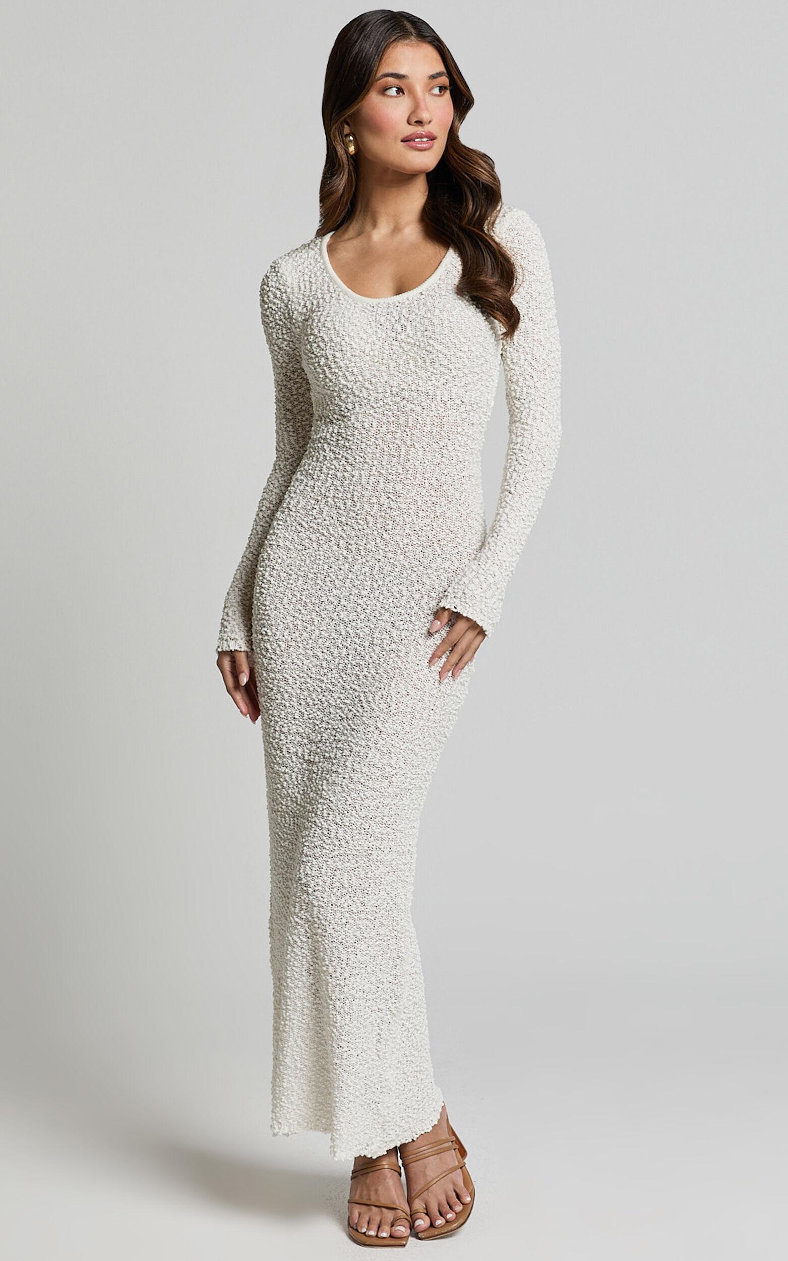 Freya Midi Dress - Scoop Neck Long Sleeve Boucle Knit Dress in Off White Product Image