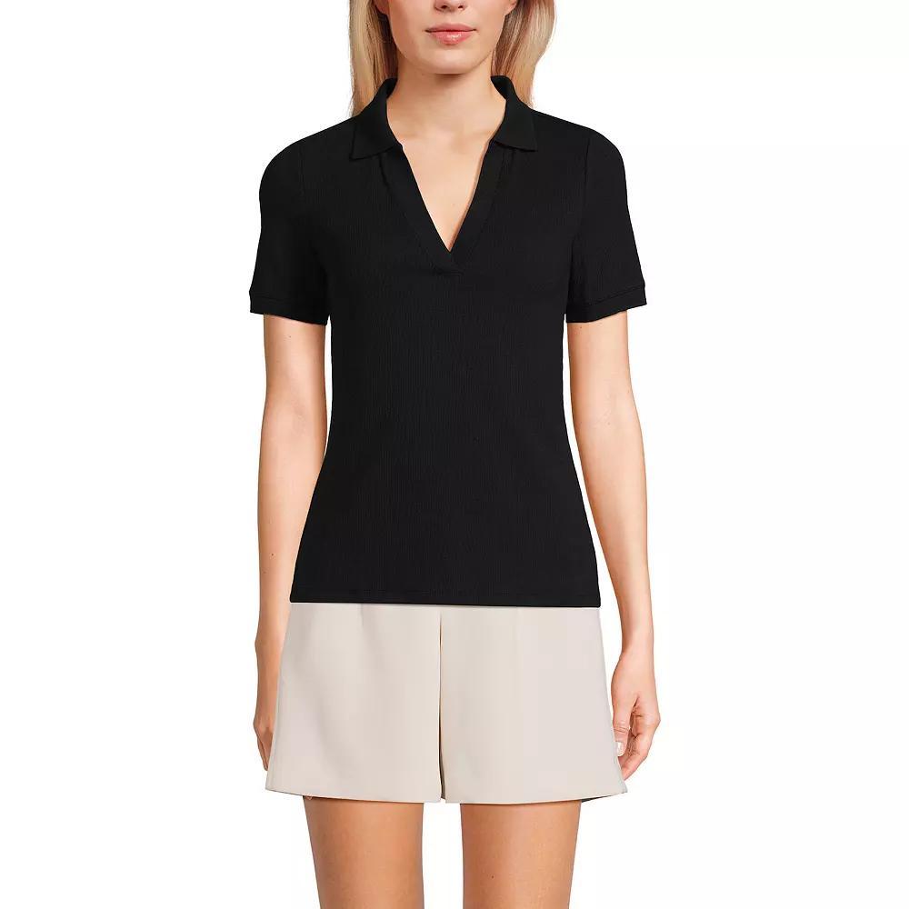 Women's Lands' End V-Neck Short Sleeve Polo, Size: Large, Ivory Dual Stripe Product Image