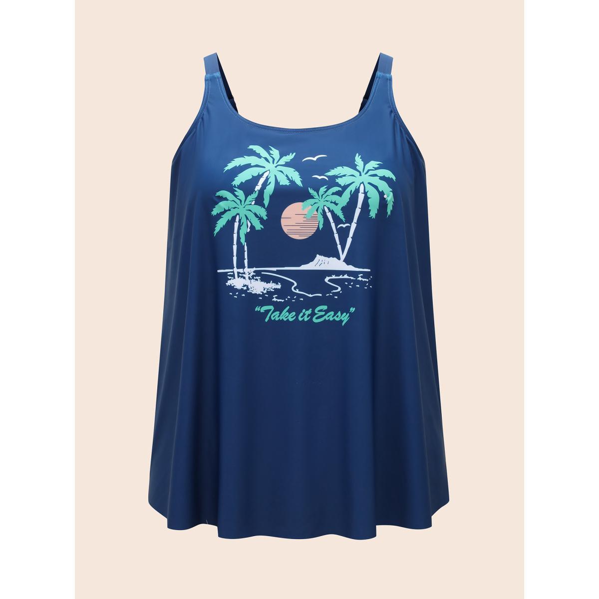 Plus Size Island Print Non-Removable Cups Swim Top Women's Swimwear Cerulean Beach High stretch Bodycon U-neck Curve Swim Tops BloomChic 28/5X Product Image