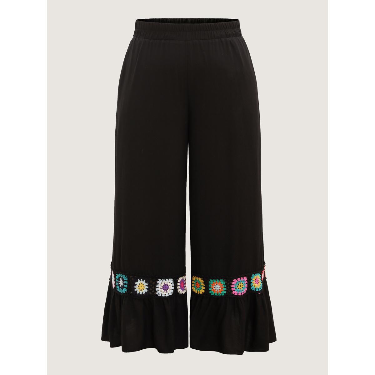 Plus Size Stretchy Waist Crochet Floral Wide-Leg Pants Women Black Beach Wide Leg Mid Rise Vacation Pants BloomChic 22-24/3X Product Image