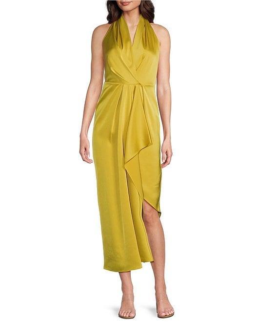 Alex Marie Hazel Surplice V-Neck Sleeveless Satin Asymmetrical Hem Midi Dress Product Image